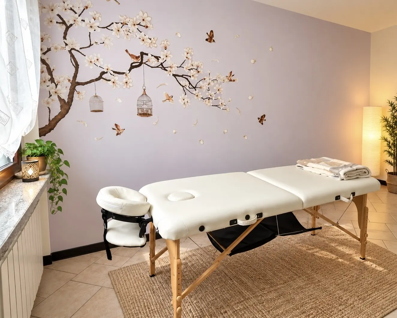 Sala massaggi a Vigevano con lettino professionale e decorazione floreale alle pareti